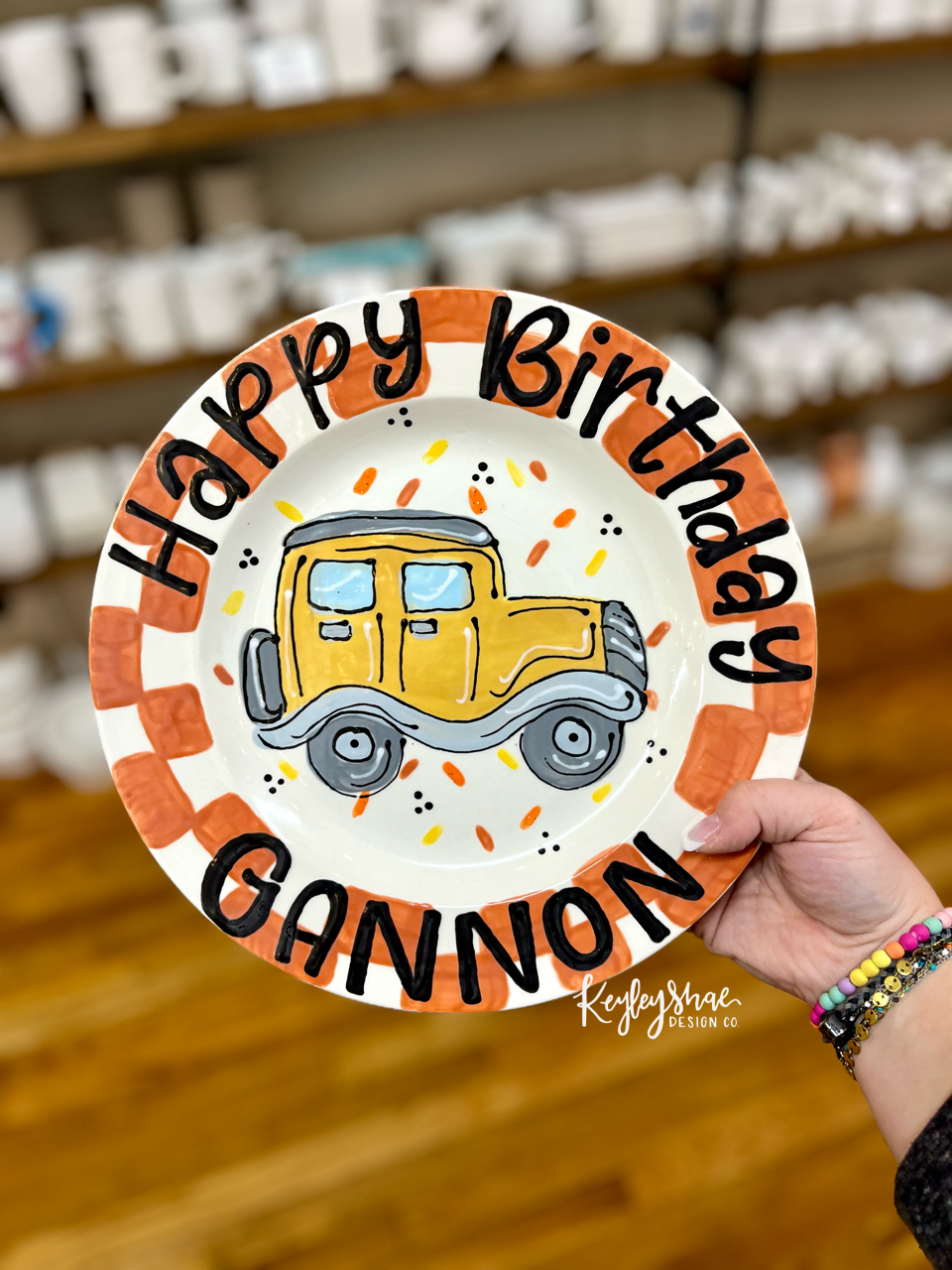 Handpainted Birthday Plate - Car - Checkered