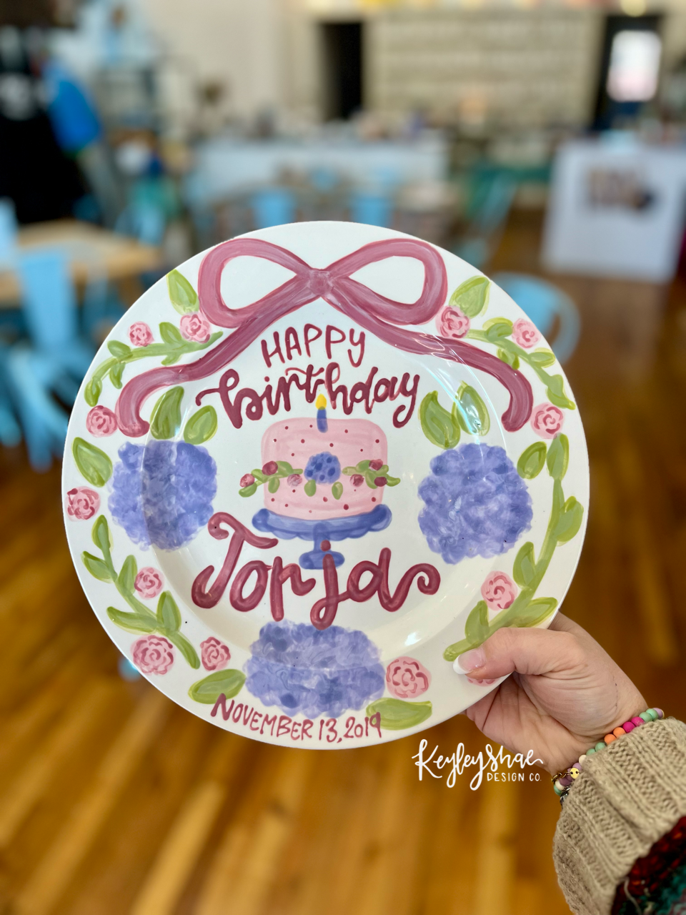 Handpainted Birthday Plate - Pink - Flowers - Cake