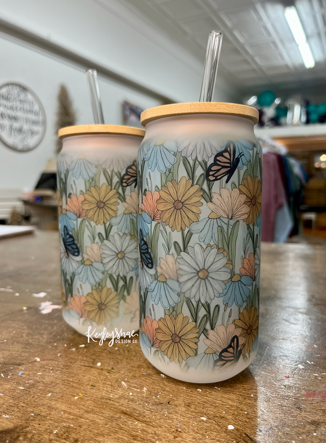 Flowers and Butterfly Print Glass Cup