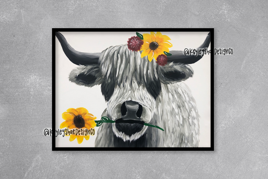 Handpainted Cow and Sunflower Art Print